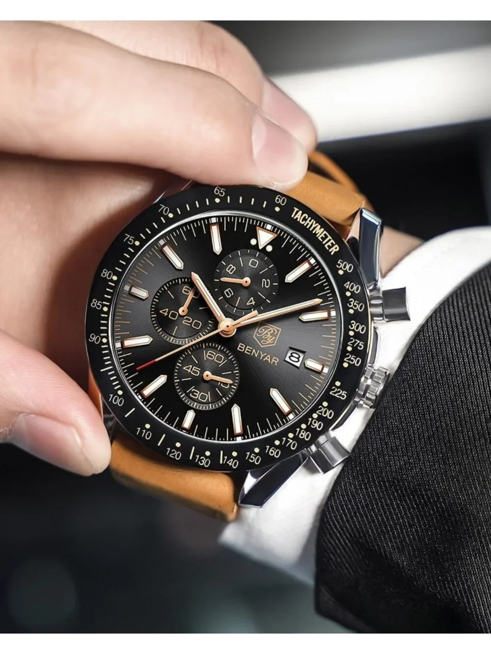 Men's Black Face Analog Brown Silicone Strap Chronograph Luminous Casual Watch